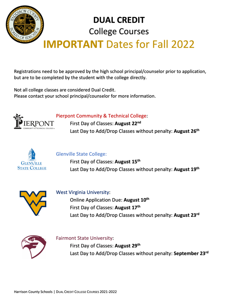 Important Dates for Dual Credit Courses