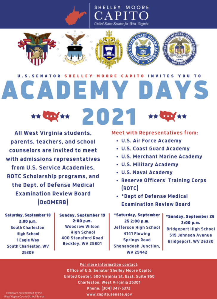 SENATOR CAPITO ANNOUNCES ACADEMY DAY 2021 DATES AND TIMES