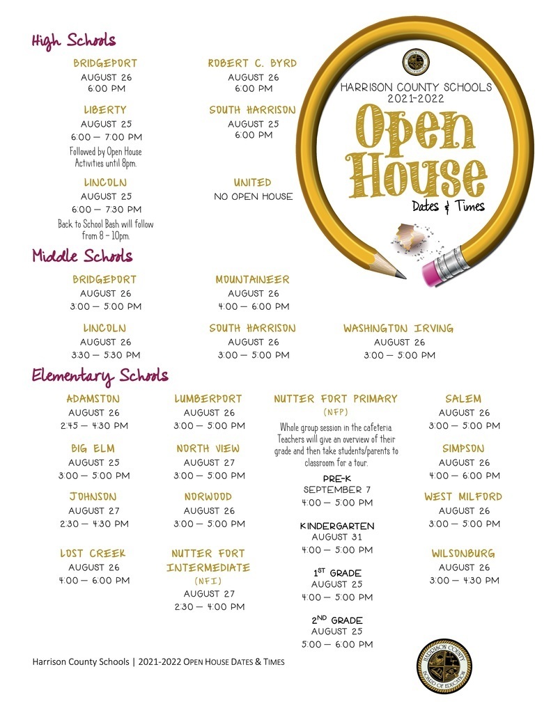 2021-2022 HCS Open House dates and times