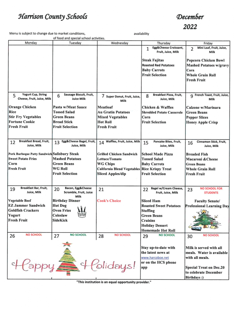 December 2022 Lunch Menu