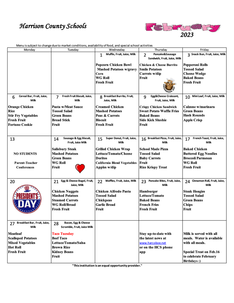February 2023 Menu